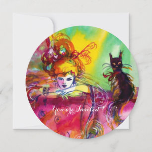 DAME MIT SCHWARZER KATZE /Mardi Gras Maskenparty Einladung