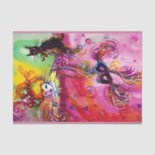 DAME MIT SCHWARZER KATZE UND MASKE / Venezianische Seidenpapier