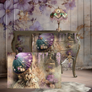 Dame mit Sonnenschirm, Vogel & Vogelkäfig, Floral Seidenpapier