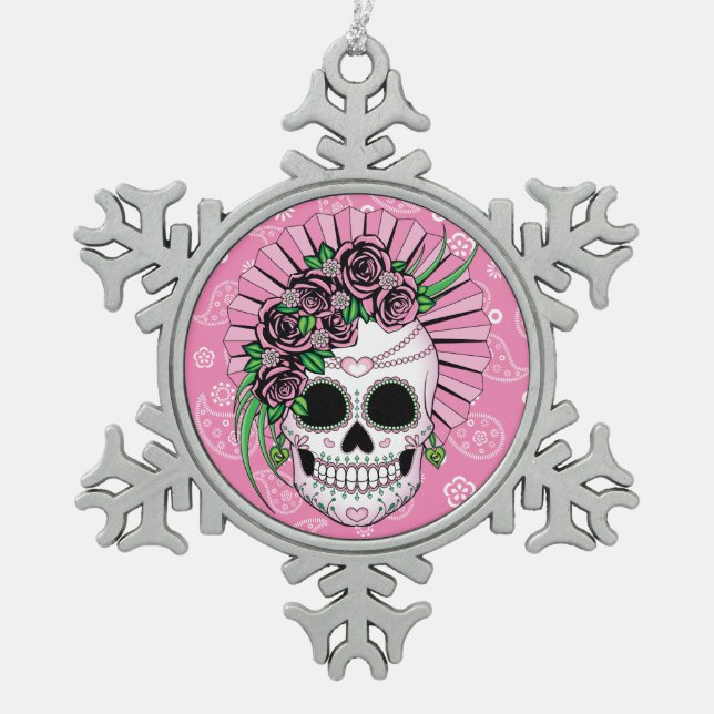 Dame Sugar Skull Schneeflocken Zinn-Ornament (Vorderseite)