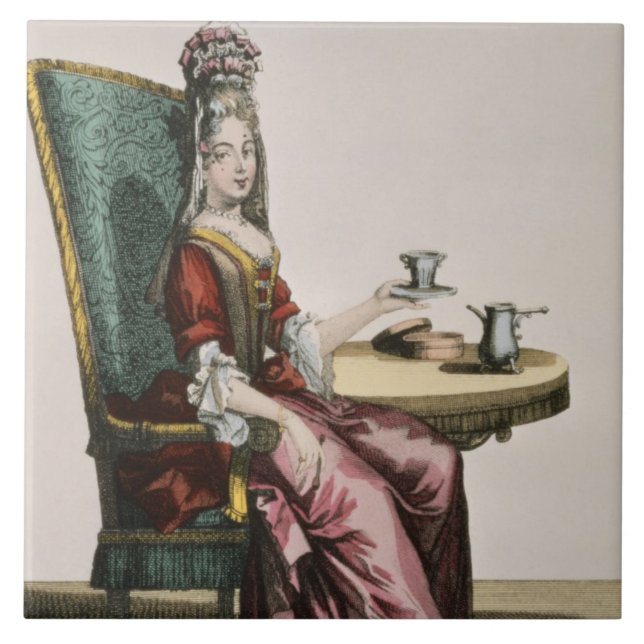 Dame Taking Coffee, Modegeck, c.1695 (engravi Fliese (Vorderseite)