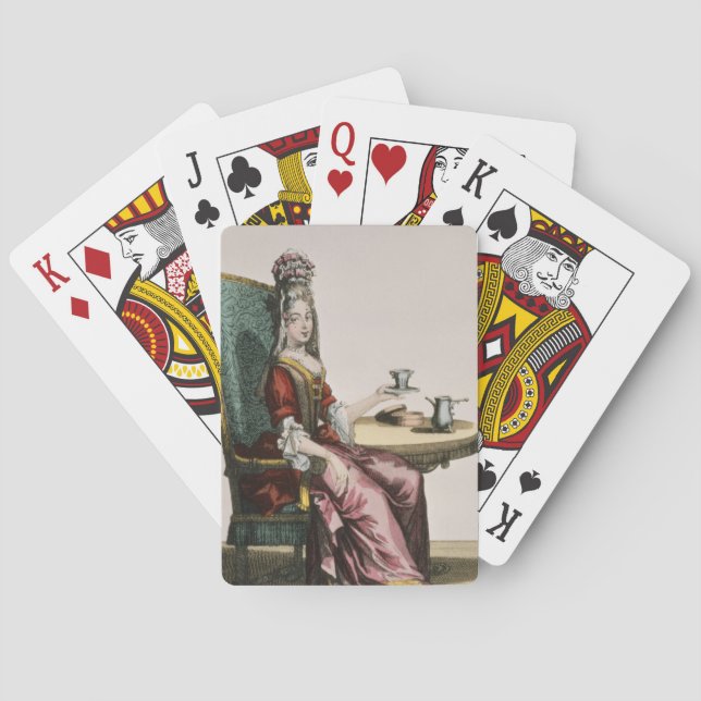 Dame Taking Coffee, Modegeck, c.1695 (engravi Spielkarten (Rückseite)