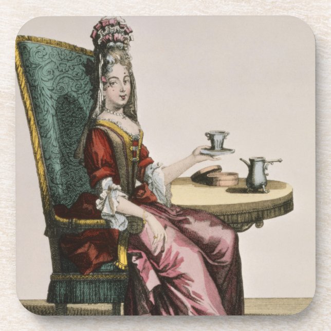Dame Taking Coffee, Modegeck, c.1695 (engravi Untersetzer (Vorderseite)