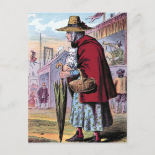 Dame Trot kauft die Cat Vintag Illustration Postkarte