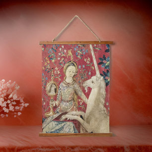 Dame und Einhorn Wandteppich Mit Holzrahmen