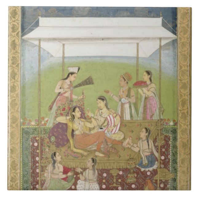 Damen, die Musik in einem Garten, von der Fliese (Vorderseite)