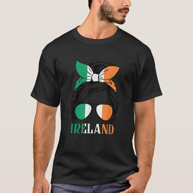 Damen Irland Girl Messy Hair Bun Sonnenbrillen Ban T-Shirt (Vorderseite)