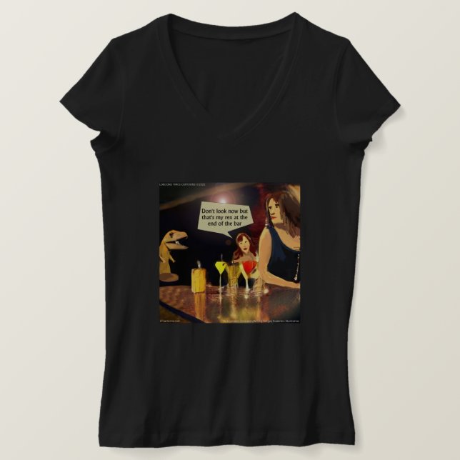 Damen mit T-Rex-Comic übernachten bei Nacht T-Shirt (Design vorne)