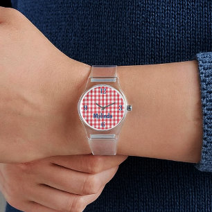 Damen-Monogramm Rot-Weiß-Gingham Klare Silikon-Uhr Armbanduhr