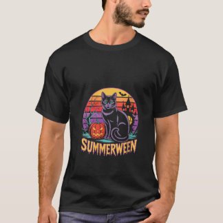 Damen Retro Schwarze Katze Gruselige Süße Kunst Su T-Shirt