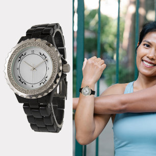 Damen-Uhr mit Rhinstones und schwarzem Emaille-Sch Armbanduhr