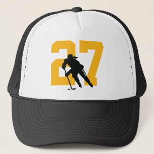Dameneigene Hockey-Spieler-Nummer Schwarz und Gold Truckerkappe