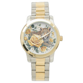 Damenuhr mit Leoparden und Rosen Armbanduhr
