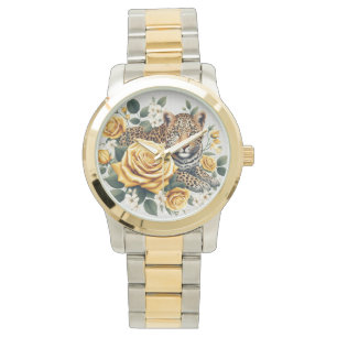 Damenuhr mit Leoparden und Rosen Armbanduhr