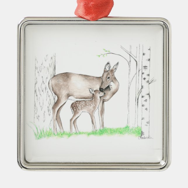 Damhirschkuh und Kitz Silbernes Ornament (Vorne)