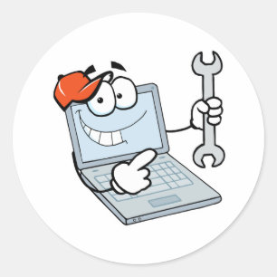 dämliche Computerrestaurierung Cartoon-Laptop mit Runder Aufkleber