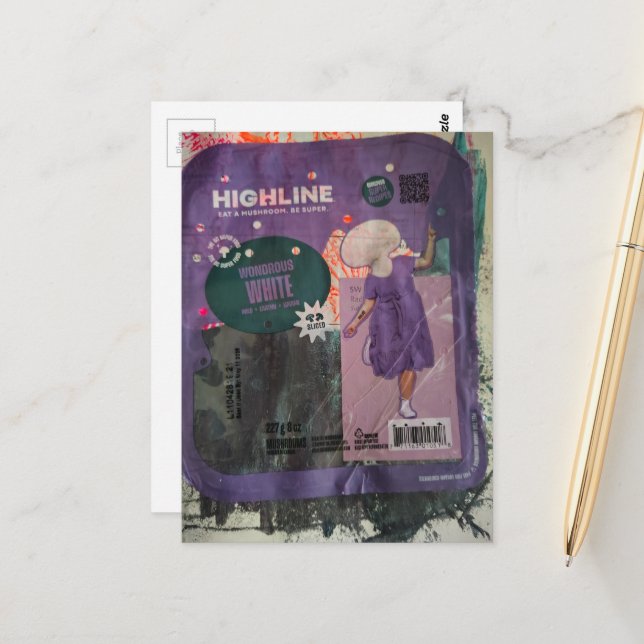 Dämliche Pilz-Dame Junk Journal Collage Postkarte (Vorderseite/Rückseite Beispiel)