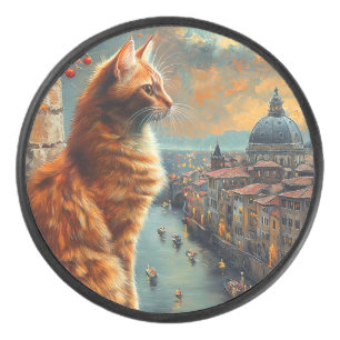 Dämmerung in Venedig Rote Katze an einem Kanal Eishockey Puck