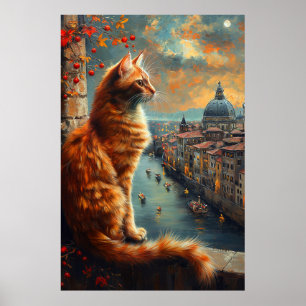 Dämmerung in Venedig   Rote Katze an einem Kanal Poster