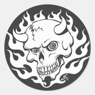 Dämonenschädel in Flammen Runder Aufkleber