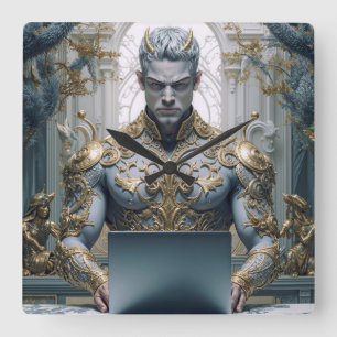 Dämonischer Krieger am Laptop Fantasy Quadratische Wanduhr
