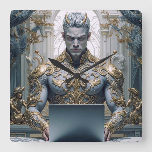 Dämonischer Krieger am Laptop Fantasy Quadratische Wanduhr (Vorderseite)
