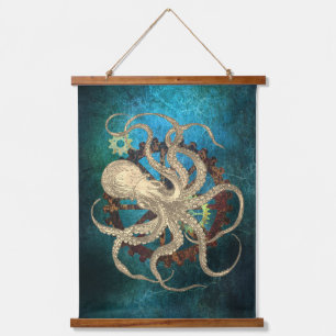 Dampf-Punk-Oktopus & Uhrwerkszahnräder Wandteppich Mit Holzrahmen