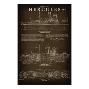 Dampfboot HERCULES Blueprint 1907 Fotodruck