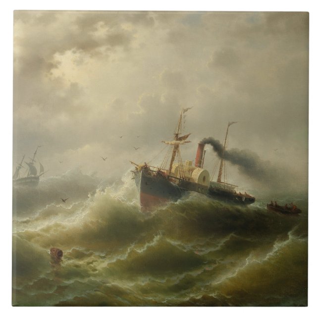 Dampfboot in einem Sturm an der Nordsee Fliese (Vorderseite)
