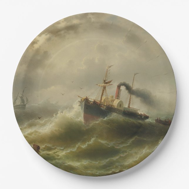 Dampfboot in einem Sturm an der Nordsee Pappteller (Vorderseite)