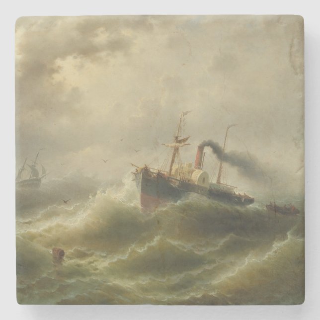 Dampfboot in einem Sturm an der Nordsee Steinuntersetzer (Vorderseite)