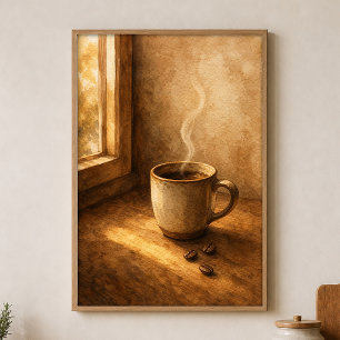 Dampfende Tasse am Fenster Aquarell Poster