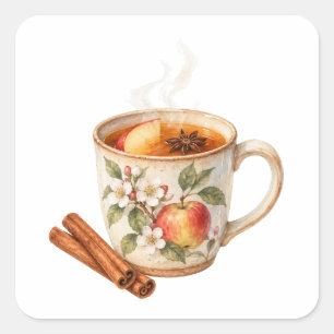 Dampfende Tasse Gewürzapplewein mit Zimtstangen Quadratischer Aufkleber