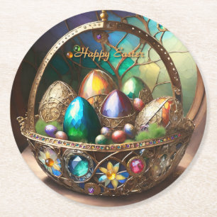 Dampfkorb Osterkorb gefüllt mit farbigen Eiern Runder Pappuntersetzer