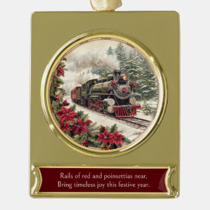 Dampflok im schneebedeckten Kiefernwald – Klassisc Banner-Ornament Gold