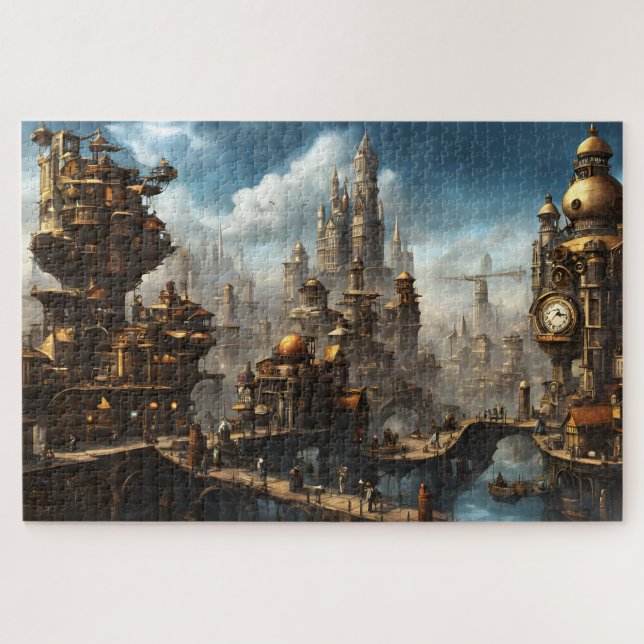 Dampflok-Stadt mit Uhr Puzzle (Horizontal)