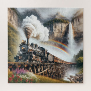 Dampflokomotive auf einem Eisenbahnbrückengerüst Puzzle