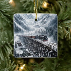 Dampflokomotive auf einer Bergbrücke Keramikornament