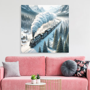 Dampflokomotive aus alter Zeit im schneebedeckten Leinwanddruck