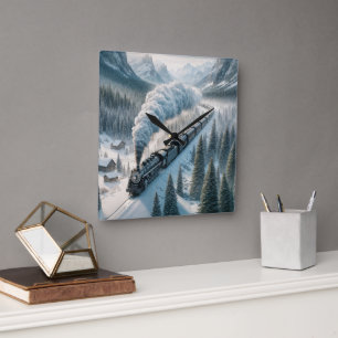 Dampflokomotive aus alter Zeit im schneebedeckten  Quadratische Wanduhr