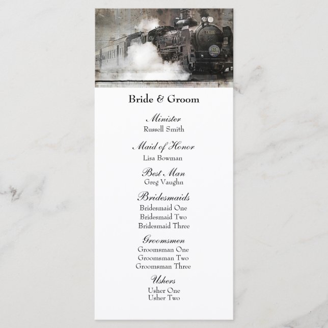 Dampflokomotive Hochzeitsprogramm im Vintage-Stil Programm (Vorderseite)