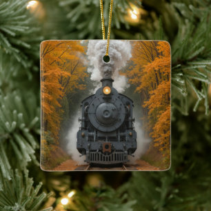 Dampflokomotive im Herbstwald Keramikornament