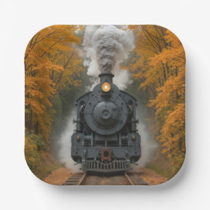Dampflokomotive im Herbstwald Pappteller