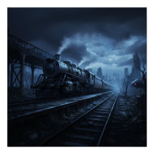 Dampflokomotive in einer dunklen, stürmischen Nach Poster