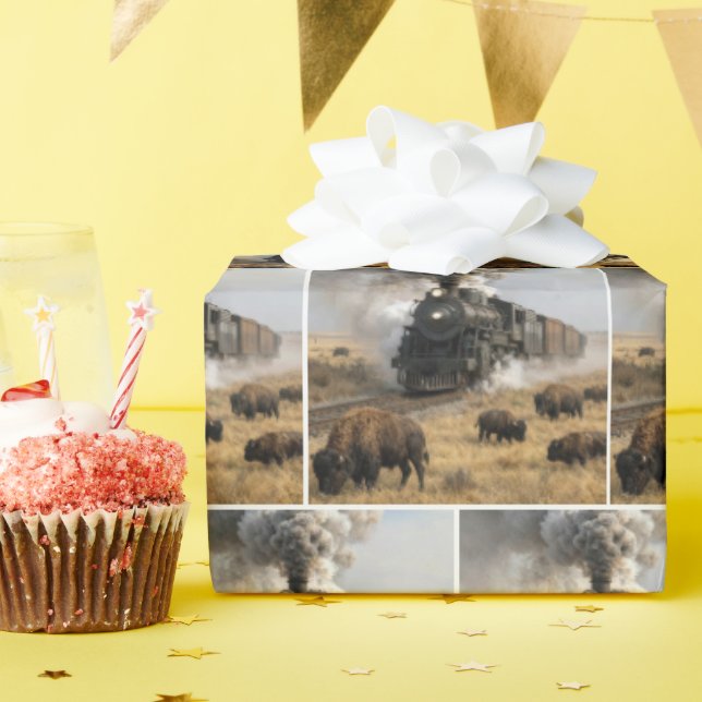 Dampflokomotive mit grasenden Büffeln Geschenkpapier (Geburtstagsparty)