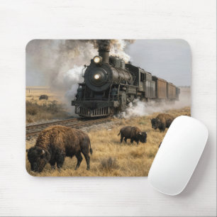 Dampflokomotive mit grasenden Büffeln Mousepad