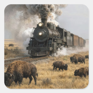 Dampflokomotive mit grasenden Büffeln Quadratischer Aufkleber