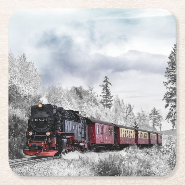 Dampflokomotive Rechteckiger Pappuntersetzer (Vorderseite)