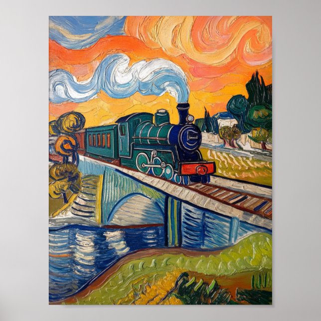 Dampflokomotive überquert Brücke Malerei Poster (Vorne)