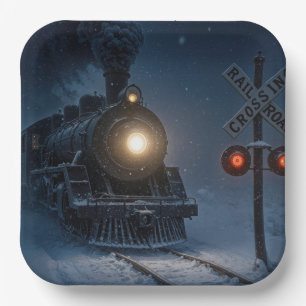 Dampfmaschine-Lokomotive im Winter Pappteller